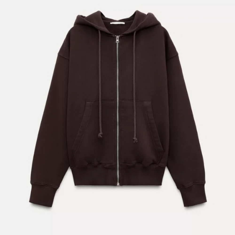 Zara Dark Brown Washed Effect Zip-Up Heavy Thick Hooded Sweatshirt Sz-M